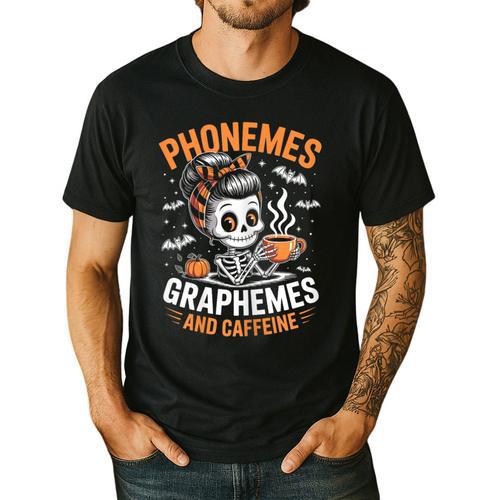 Halloween Skeleton Teacher Phonemes Graphemes Caffeine Lover Men's Casual T-Shirt - teacherstshirts.com UK