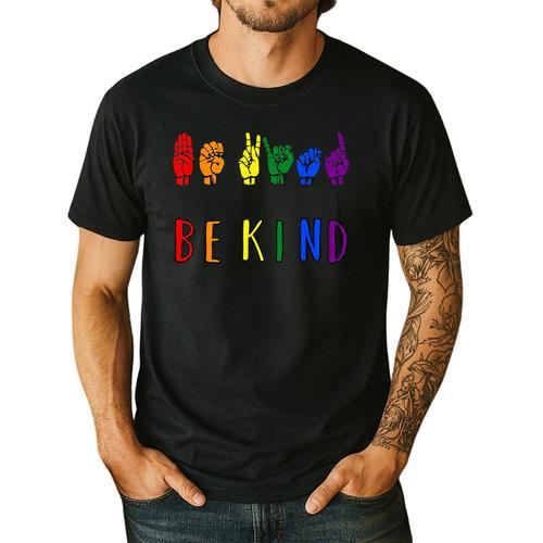 Be Kind Pride Sign Language Rainbow Teachers Interpreter ASL Men's Casual T-Shirt - teacherstshirts.com CA