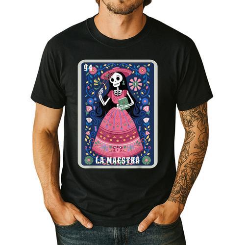La Maestra Halloween Mexican Bingo Card Teacher Lottery Card Men's Casual T-Shirt - teacherstshirts.com UK