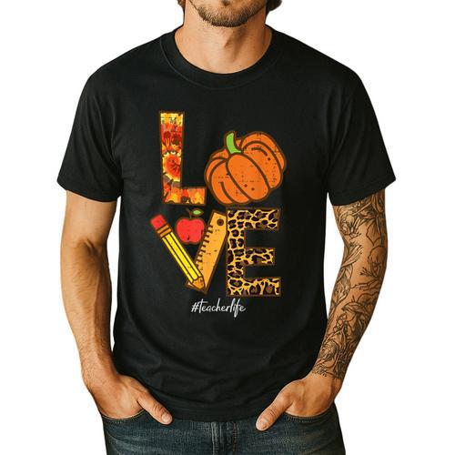 Leopard Pumpkin Love Teacher Life Thanksgiving Fall Women Men's Casual T-Shirt - teacherstshirts.com