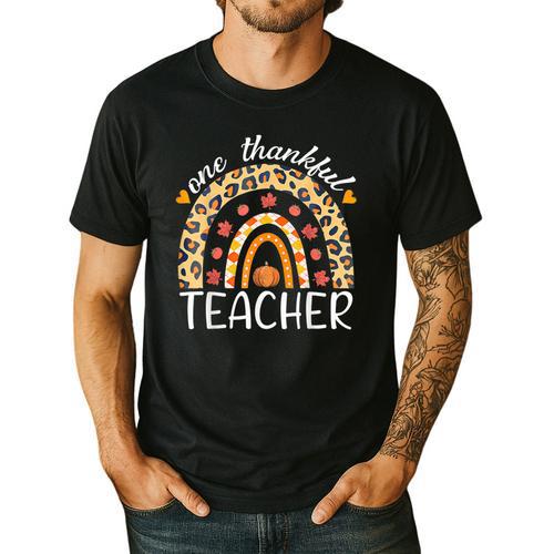 One Thankful Teacher Thanksgiving Rainbow Leopard Fall Men's Casual T-Shirt - teacherstshirts.com DE