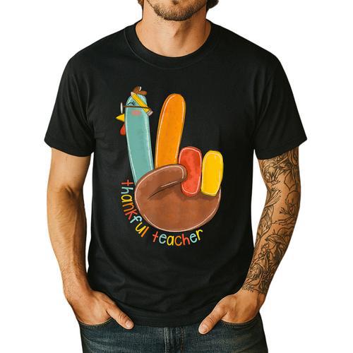 One Thankful Teacher Thanksgiving Turkey Peace Hand Sign Men's Casual T-Shirt - teacherstshirts.com AU