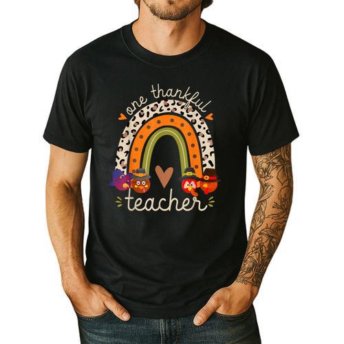 One Thankful Teacher Thanksgiving Turkey Rainbow Fall Men's Casual T-Shirt - teacherstshirts.com AU