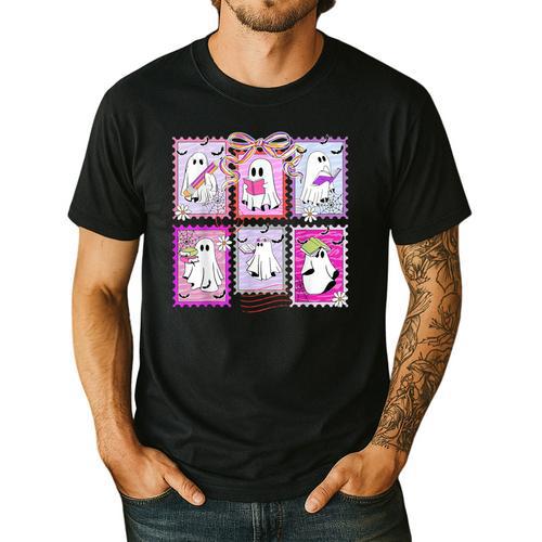 Preppy Spooky Teacher Halloween Ghost Coquette Bow Autumn Men's Casual T-Shirt - teacherstshirts.com UK