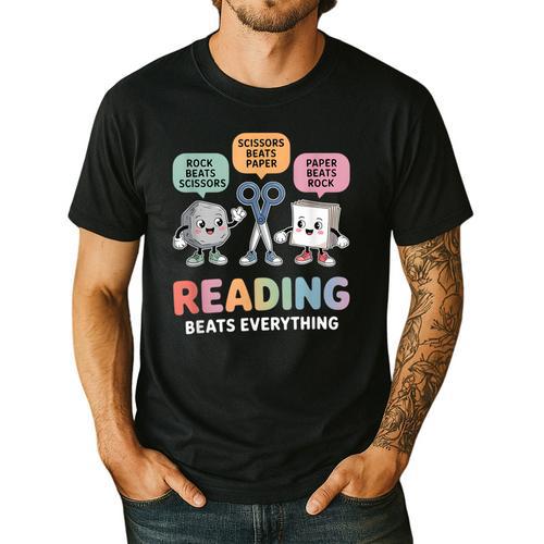 Reading Beats Everything Teacher Rock Paper Scissors Men's Casual T-Shirt - teacherstshirts.com AU
