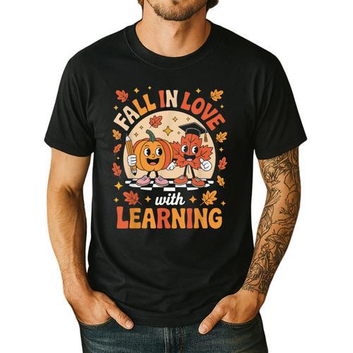 Retro Fall In Love With Learning Pumpkin Leaf Teacher Autumn Men's Casual T-Shirt - teacherstshirts.com UK