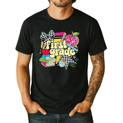 Retro First Grade Teacher Disco Ball Coquette Back To School Men's Casual T-Shirt - teacherstshirts.com UK