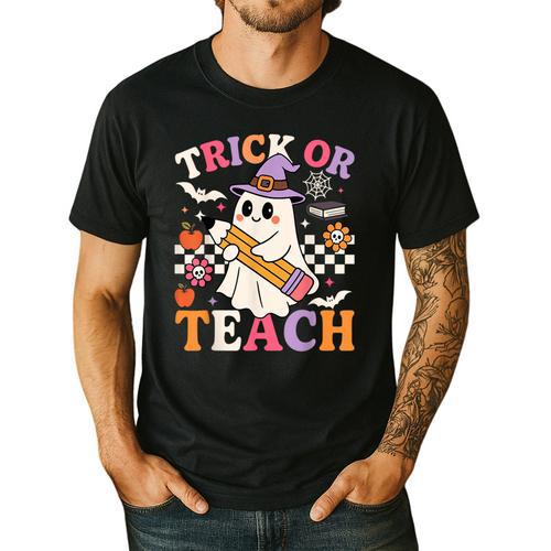 Retro Floral Ghost Trick Or Teach Groovy Teacher Halloween Men's Casual T-Shirt - teacherstshirts.com UK