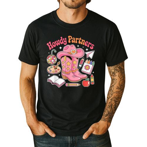 Retro Howdy Partners Cowgirl Cowboy Teacher Back To School Men's Casual T-Shirt - teacherstshirts.com UK