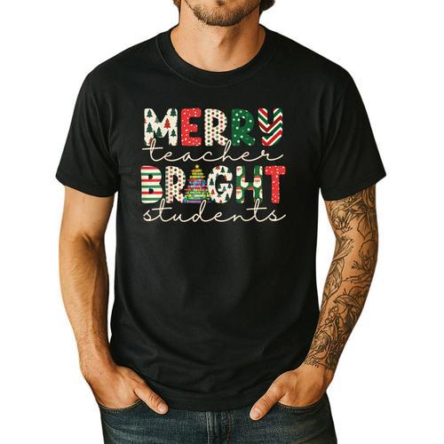 Retro Merry Teacher Bright Students Christmas Teacher Men's Casual T-Shirt - teacherstshirts.com CA