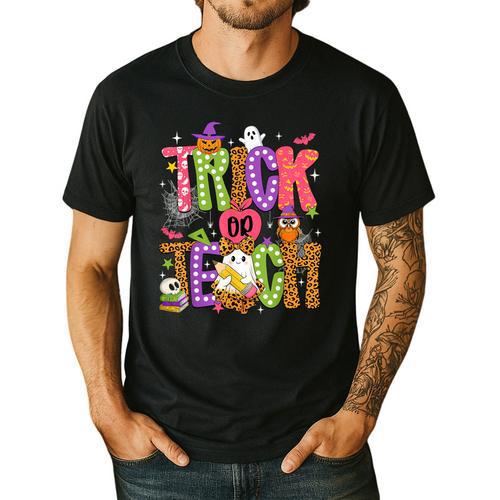 Retro Trick Or Teach Leopard Ghost Halloween Spooky Teacher Men's Casual T-Shirt - teacherstshirts.com UK