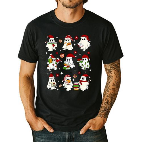 Santa Ghost Reading Books Christmas Library Teacher Men's Casual T-Shirt - teacherstshirts.com UK