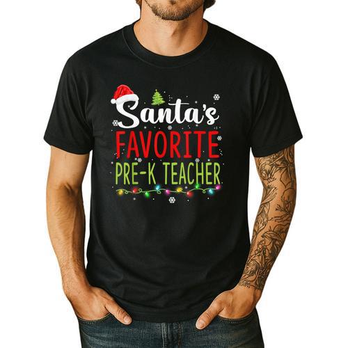 Santa's Favorite Pre-K Teacher Christmas Santa Hat Lights For Men Women Kids Men's Casual T-Shirt - teacherstshirts.com CA