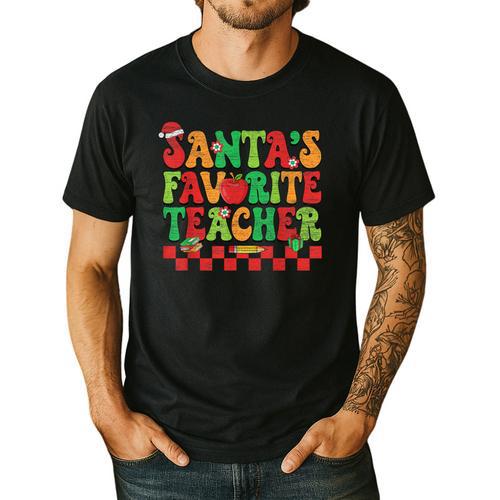 Santas Favorite Teacher Retro Groovy Christmas Xmas Women Men's Casual T-Shirt - teacherstshirts.com AU
