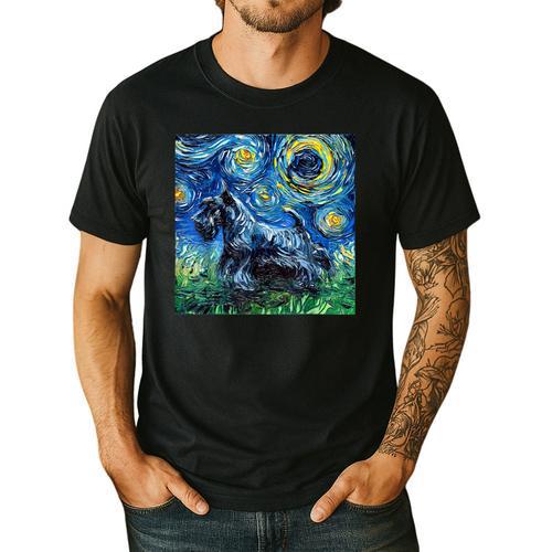 Scottish Terrier Starry Night Scotty Dog Art By Aja Men's Casual T-Shirt - Bostonterriersmerch.com