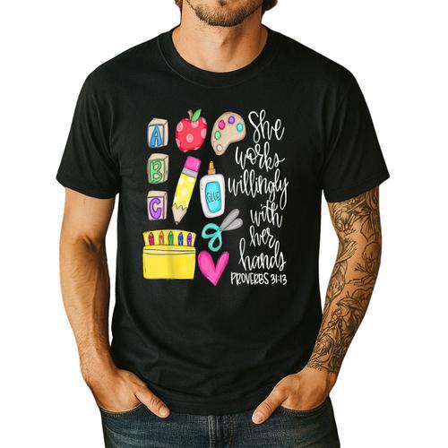 She Works Willingly With Her Hands Proverbs Daycare Teacher Men Women Men's Casual T-Shirt - teacherstshirts.com CA