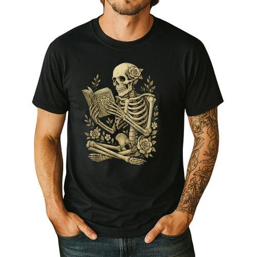 Skeleton Book Floral Skull Halloween Teacher Costume Men's Casual T-Shirt - teacherstshirts.com