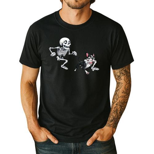Skeleton Chasing Dog Boston Terrier Halloween Pet Lover Men's Casual T-Shirt - Bostonterriersmerch.com
