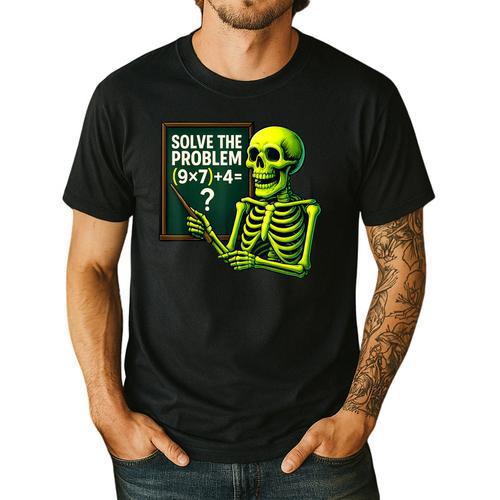 Solve The Problem Skeleton Teacher Halloween Math Six Seven Men's Casual T-Shirt - teacherstshirts.com