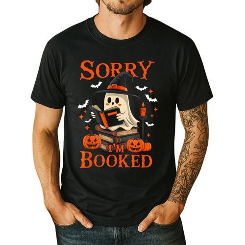 Sorry I'm Booked Ghost Reading Book Lover Teacher Halloween Men's Casual T-Shirt - teacherstshirts.com AU