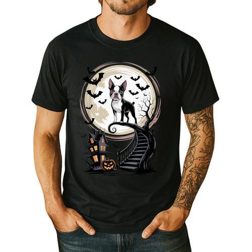Spooky Halloween Moon Boston Terrier Boston Bull Bostie Men's Casual T-Shirt - Bostonterriersmerch.com