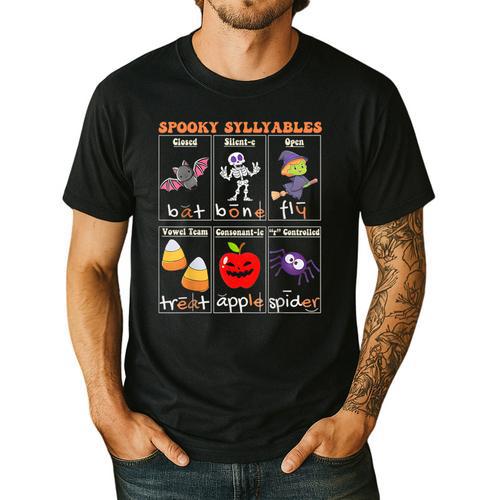 Spooky Syllables Halloween Teacher Student Education Men's Casual T-Shirt - teacherstshirts.com