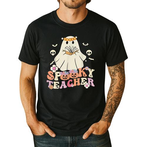 Spooky Teacher Groovy Retro Ghost Teacher Halloween 2023 For Men Women Kids Men's Casual T-Shirt - teacherstshirts.com CA