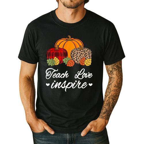 Teach Love Inspire Autumn Fall Plaid Leopard Pumpkin Teacher For Men Women Kids Men's Casual T-Shirt - teacherstshirts.com