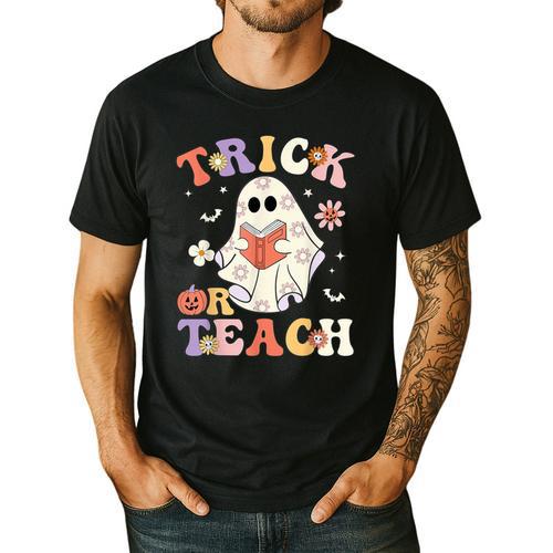 Teacher Halloween Trick Or Teach Floral Ghost Men's Casual T-Shirt - teacherstshirts.com