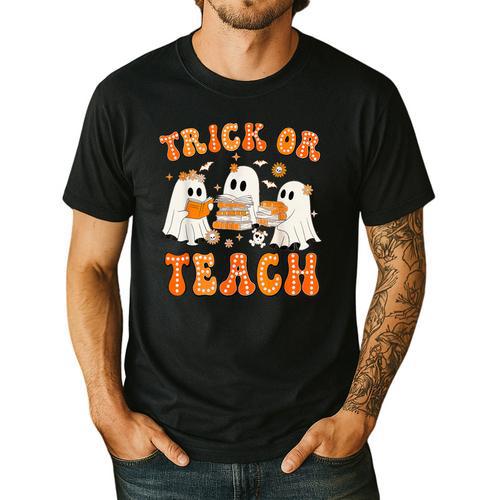 Teacher Halloween Trick Or Teach Retro Groovy Floral Ghost Men's Casual T-Shirt - teacherstshirts.com