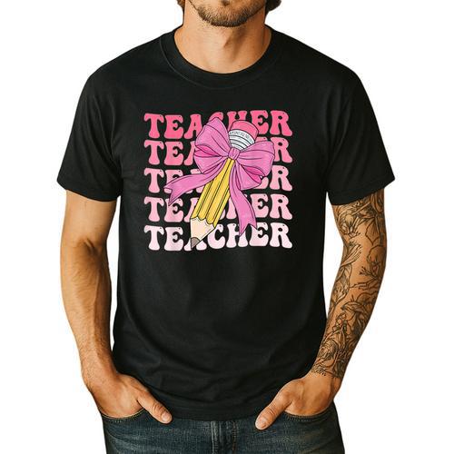 Teacher Pencil Back To School Groovy Pink Teacher First Day Men's Casual T-Shirt - teacherstshirts.com CA