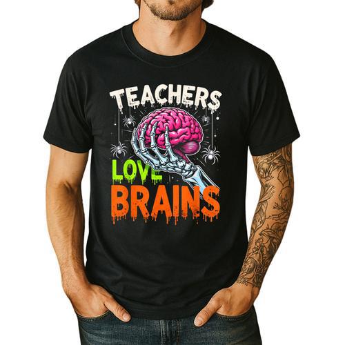Teachers Love Brains Halloween 2025 Skeleton Costume Men's Casual T-Shirt - teacherstshirts.com DE
