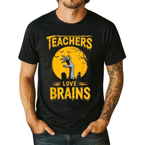 Teachers Love Brains Shirt Men Women Halloween Teacher Men's Casual T-Shirt - teacherstshirts.com