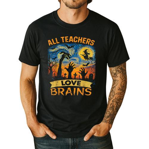 All Teachers Love Brains Shirt Teacher Halloween Tee Men's Casual T-Shirt - teacherstshirts.com DE