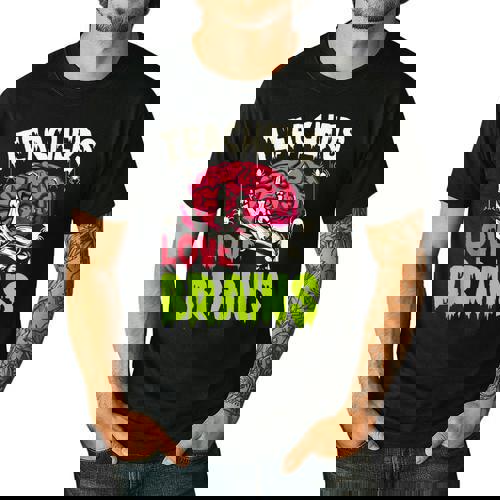 Teachers Love Brains Skeleton Halloween Teacher Funny Men&#x27;s Casual T-Shirt - teacherstshirts.com