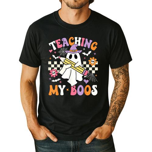 Teaching My Boos Ghost Teacher Cute Groovy Halloween Teacher Men's Casual T-Shirt - teacherstshirts.com CA