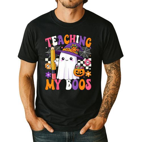 Teaching My Boos Ghost Teacher Cute Pencil Halloween Teacher Men's Casual T-Shirt - teacherstshirts.com UK
