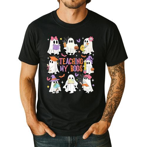Teaching My Boos Teacher Cute Ghost Groovy Teacher Halloween Men's Casual T-Shirt - teacherstshirts.com CA