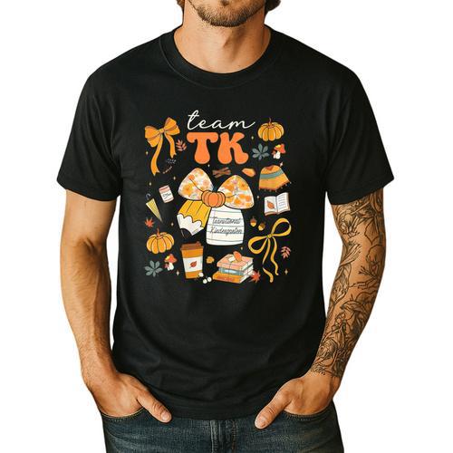 Team TK Crew Preppy Coquette Bow Pumpkin Fall TK Teacher Men's Casual T-Shirt - teacherstshirts.com AU