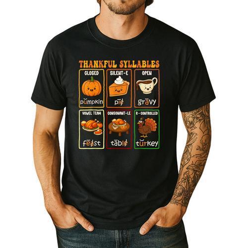 Thankful Syllables Thanksgiving Phonics Reading Teacher Fall Men's Casual T-Shirt - teacherstshirts.com AU