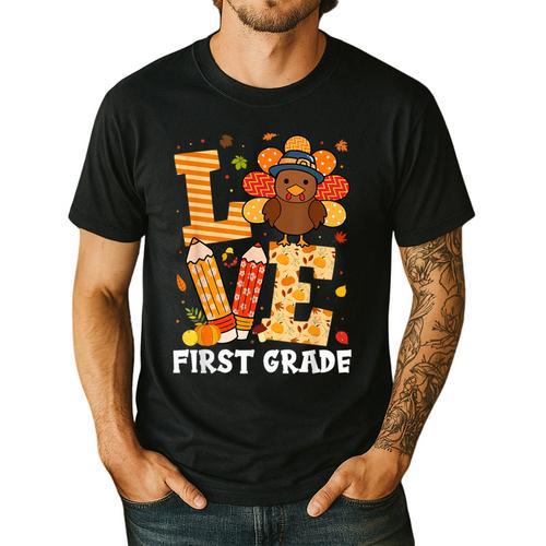 Thanksgiving Love First Grade Teacher Turkey Autumn Fall For Men Women Girls Kids Men's Casual T-Shirt - teacherstshirts.com CA