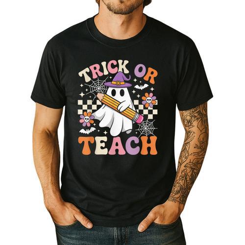 Trick Or Teach Groovy Teacher Halloween Retro Ghost Men's Casual T-Shirt - teacherstshirts.com UK