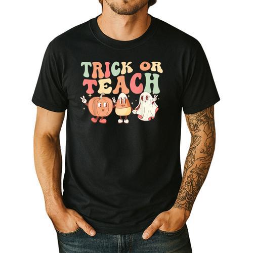 Trick Or Teach Pumpkin Candy Corn Ghost Halloween Teacher Men's Casual T-Shirt - teacherstshirts.com
