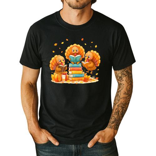 Turkey Read Books Reading Fall Thanksgiving Teacher Men's Casual T-Shirt - teacherstshirts.com AU