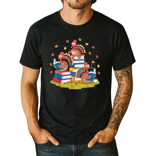 Turkey Reading Books Fall Season Thanksgiving Teacher Book Men's Casual T-Shirt - teacherstshirts.com AU