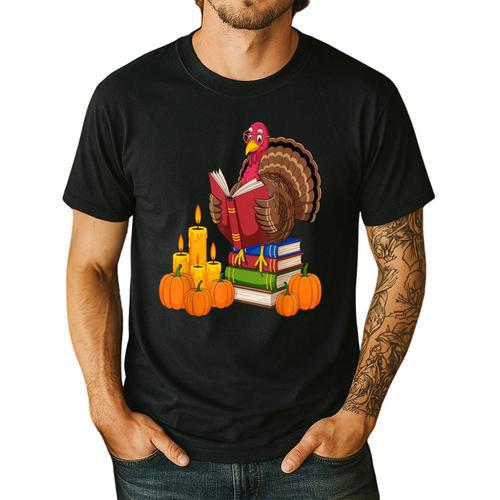 Turkey Reading Books Fall Thanksgiving Teacher Book Men's Casual T-Shirt - teacherstshirts.com AU