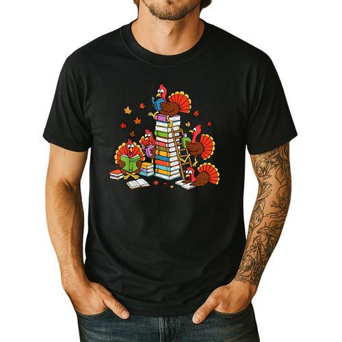 Turkey Reading Books Fall Thanksgiving Teacher Librarian Men's Casual T-Shirt - teacherstshirts.com UK