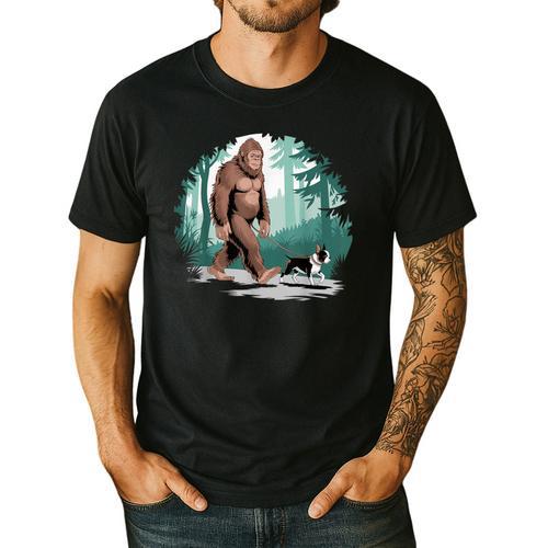 Whimsical Forest Adventures Sasquatch Bigfoot Walking Boston Terrier Dog Lovers Men's Casual T-Shirt - Bostonterriersmerch.com
