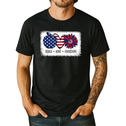 American Flag Teach Love Freedom Preschool Teacher 4th July Men's Casual T-Shirt - teacherstshirts.com UK