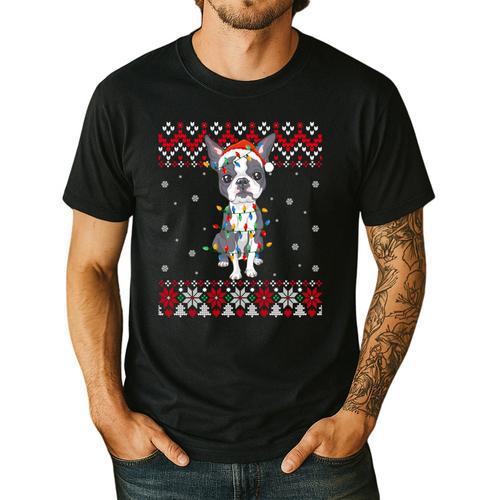 Boston Terrier Dog Santa Hat Men Kids Ugly Christmas Light Men's Casual T-Shirt - Bostonterriersmerch.com